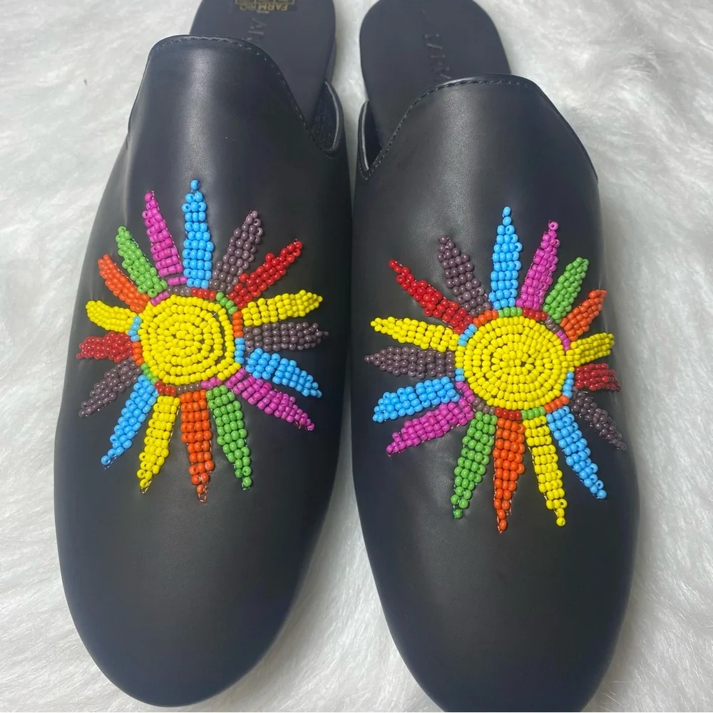 FARM Rio Black Sunshine Flat Mules with Colorful Bead Design Sz 10 - Picture 3 of 10